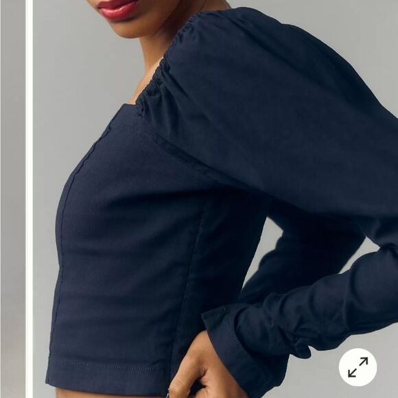 Maeve by Anthropologie Wynne Square Neck Blouse. Navy. Shirred Back Top. - Picture 5 of 13